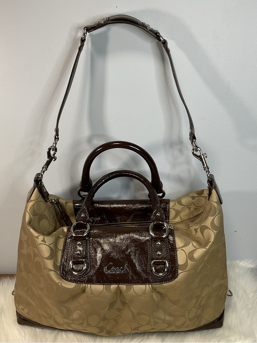 COACH ASHLEY KHAKI+MAHOGANY JACQUARD LOGO SATCHEL,HAND BAG 15440